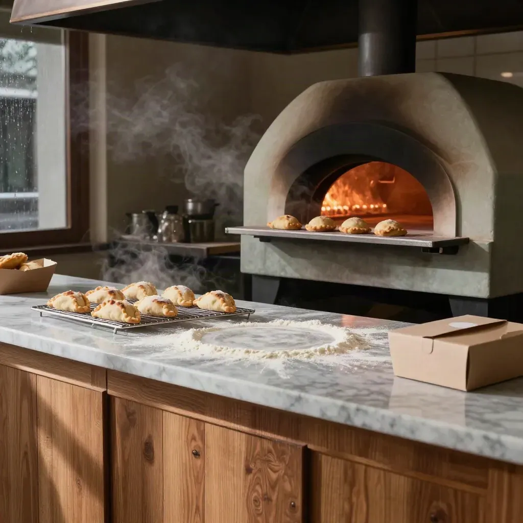 Forno a legna aperto con panzerotti fumanti, teglie e scatole da asporto in luce drammatica.