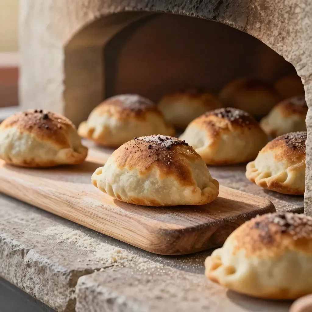 Panzerotti al forno che escono dal forno su pala di legno, crosta dorata e semola.