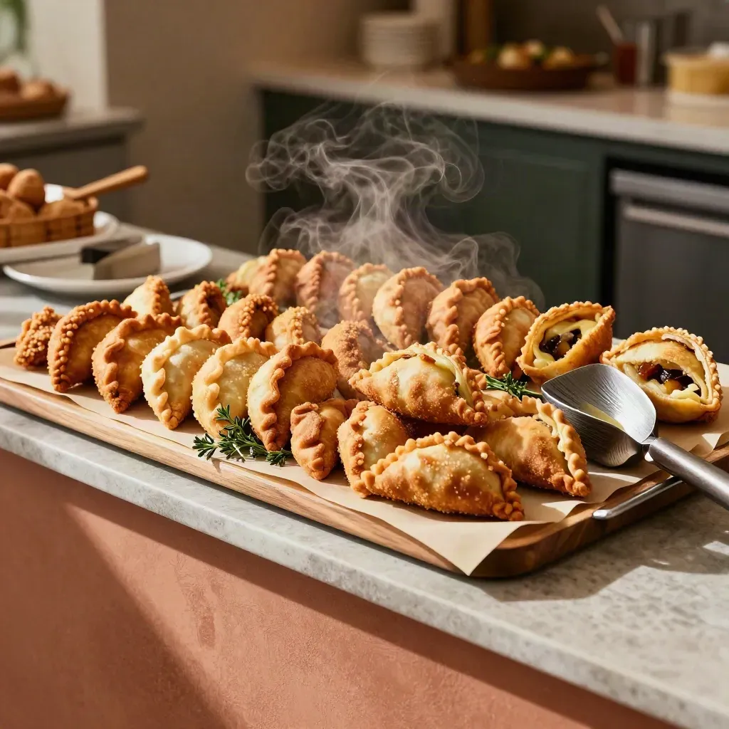 Teglia catering con panzerotti misti, vapore caldo e palette cremosa