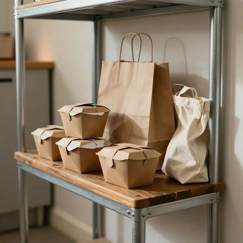 Scaffale ritiro con tre box caldi, borsa di carta e tote in un corridoio luminoso.