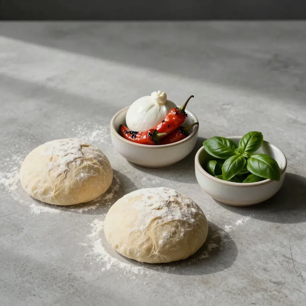Impasto, mozzarella, peperoni arrosto e basilico in ciotole su piano in cemento.