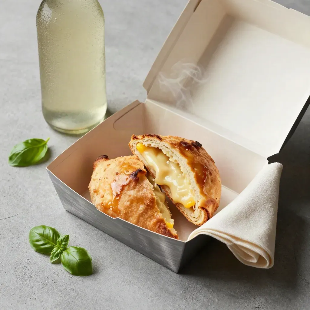 Panzerotto aperto in scatola con vapore, tovagliolo arrotolato e bottiglia fredda su fondo chiaro.
