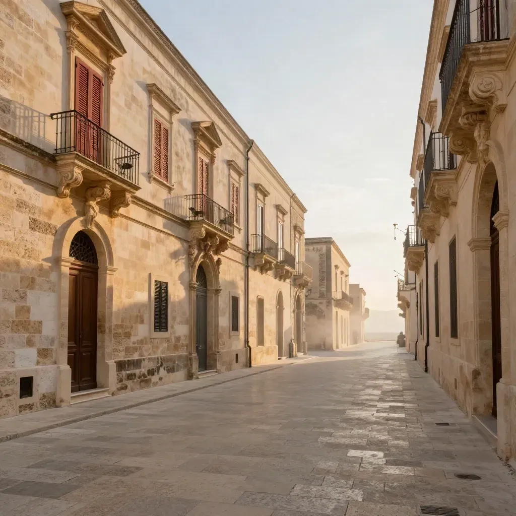 Facciate leccesi al tramonto su una strada salentina in pietra calda.